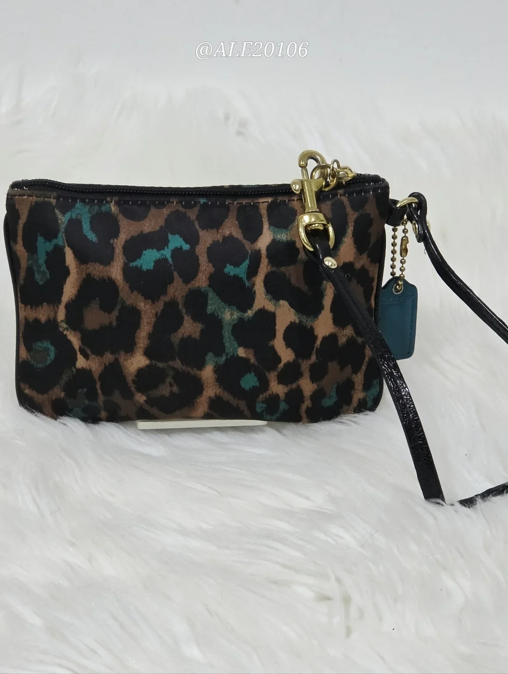 Coach Leopard Print Wristlet Zip Pouch Brown Teal Small Bag